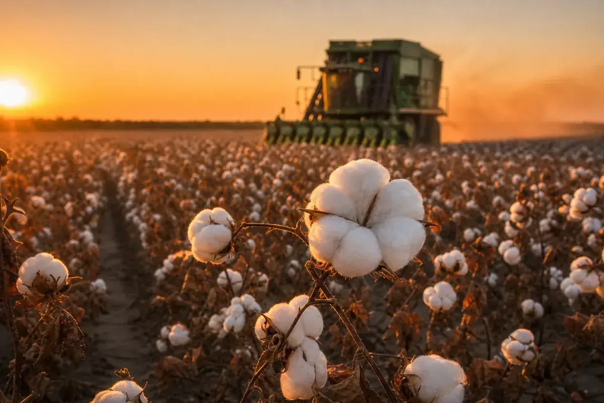 Cosecha de algodón en campo con cosechadora al atardecer