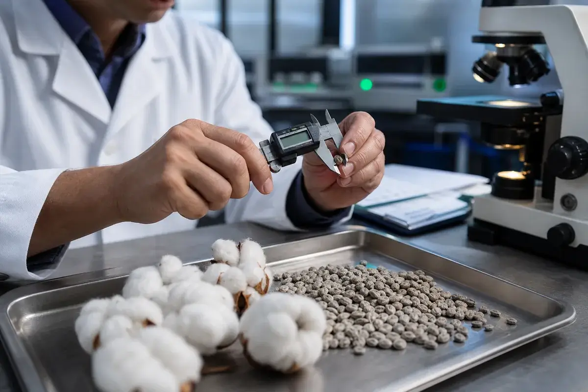 Análisis de laboratorio de semillas de algodón con calibre digital